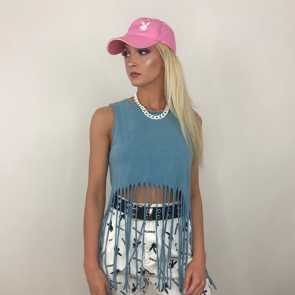 Teal-blue fringe crop tank top